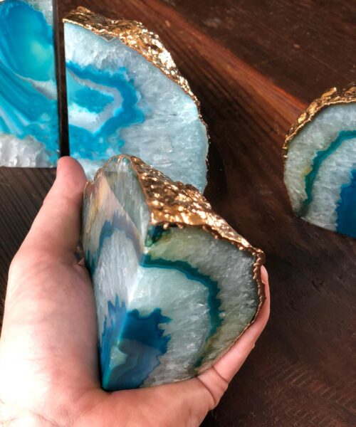 Teal Agate 24ct Gold Edge Microcrystalline Quartz Premium Bookends Ornament Gift - Image 12