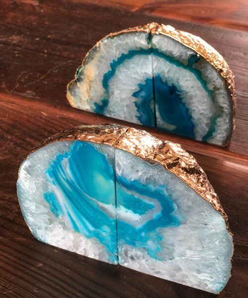 Teal Agate 24ct Gold Edge Microcrystalline Quartz Premium Bookends Ornament Gift