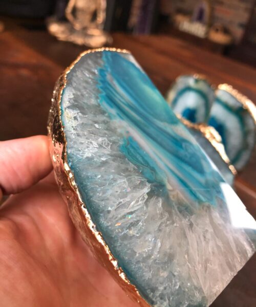 Teal Agate 24ct Gold Edge Microcrystalline Quartz Premium Bookends Ornament Gift - Image 5