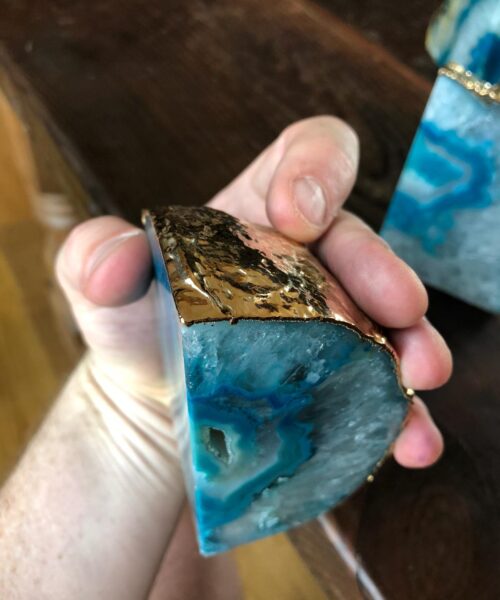 Teal Agate 24ct Gold Edge Microcrystalline Quartz Premium Bookends Ornament Gift - Image 6