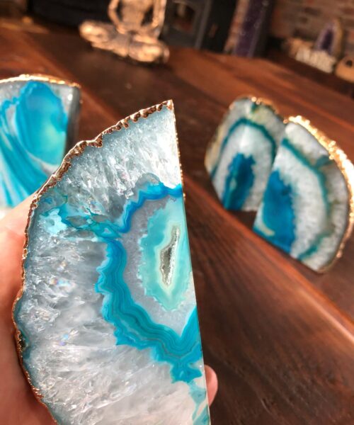 Teal Agate 24ct Gold Edge Microcrystalline Quartz Premium Bookends Ornament Gift - Image 9