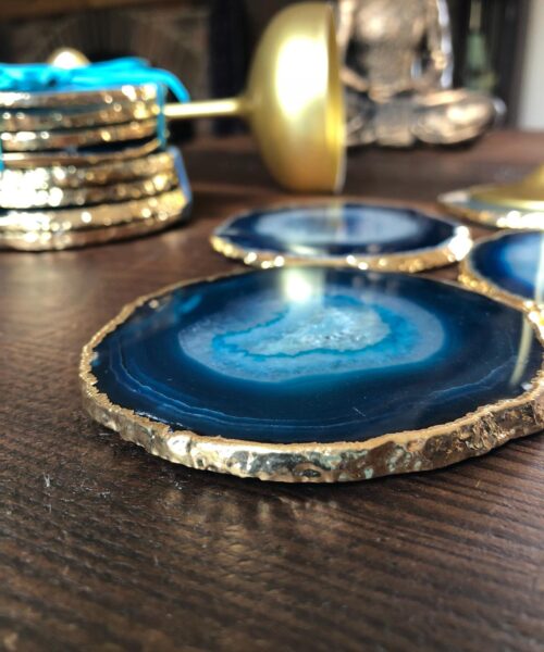 Teal Agate 24ct Gold Edge, Gilded, Microcrystalline Quartz Premium Coasters (Set of 4) Gift - Image 4