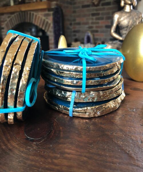 Teal Agate 24ct Gold Edge, Gilded, Microcrystalline Quartz Premium Coasters (Set of 4) Gift - Image 6