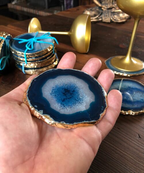 Teal Agate 24ct Gold Edge, Gilded, Microcrystalline Quartz Premium Coasters (Set of 4) Gift