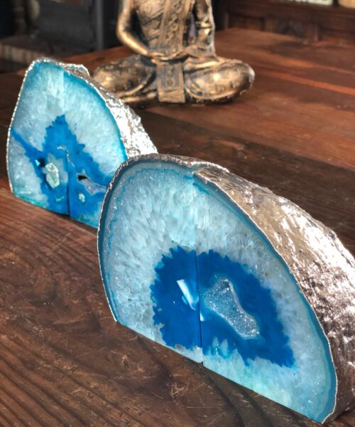 Teal Agate Silver Edge Microcrystalline Quartz Premium Bookends Ornament Gift