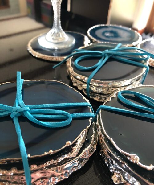 Teal Agate Silver Edge, Gilded, Microcrystalline Quartz Premium Coasters (Set of 4) Gift