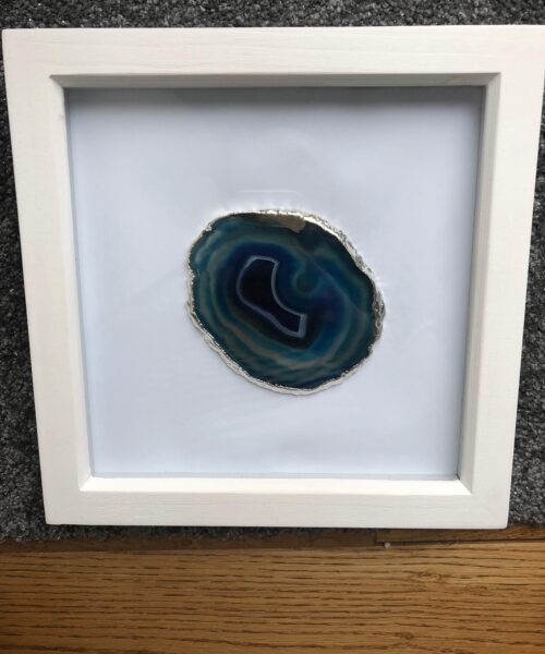Handmade Unique Exclusive Blue Silver Agate Slice Art Picture White Frame 2