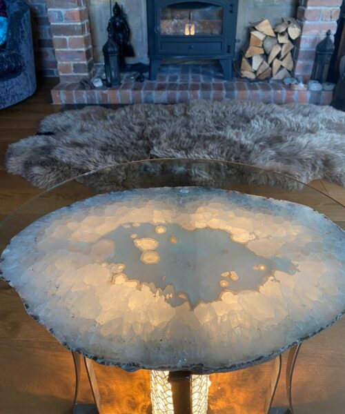 Premium Agate Geode Table 2 – 15kg - (Glass 60cm) L53xW38cm Druzy Cluster Grey White Crystal Quartz - Image 16