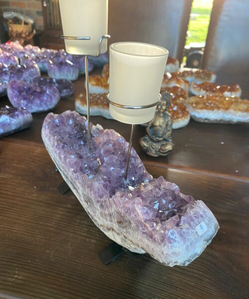 Very Large Huge Premium Amethyst 1 Cluster Druzy Candle / 2 Cup Tealight Holders Approx. 3.681kg - L30xD10xH28cm