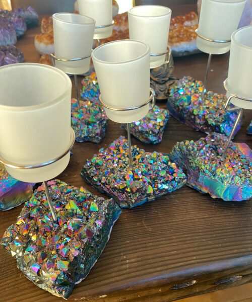 Premium A Grade Rainbow Quartz Cluster Druzy Candle / 1 Cup Tealight Holders - 750g - W10xH10cm