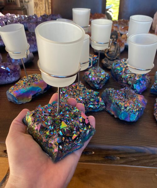 Premium A Grade Rainbow Quartz Cluster Druzy Candle / 1 Cup Tealight Holders - 750g - W10xH10cm - Image 9