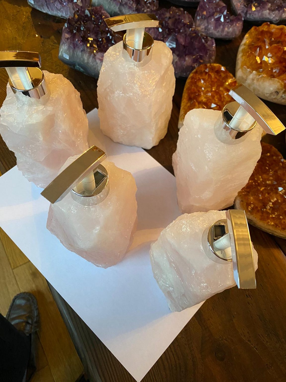 High Quality Rose Quartz Pink Crystal Gemstone Soap Dispenser 18cm