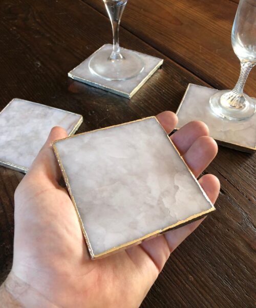 White Crystal Quartz Premium Coasters Square Shape Silver Edge (Set of 4) Gift - Image 7
