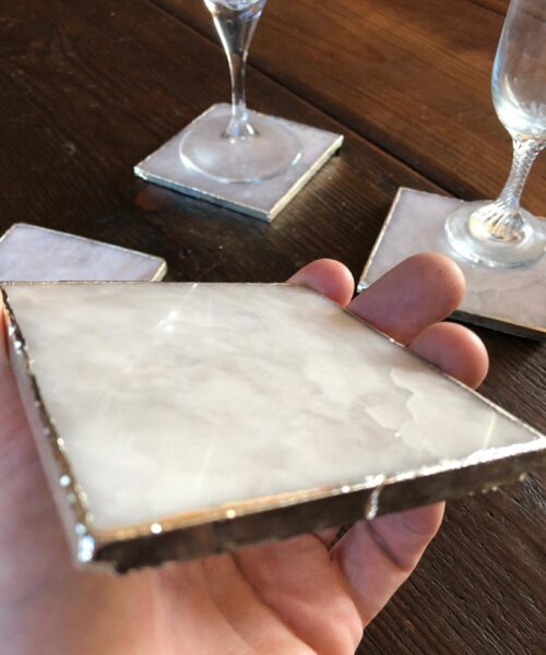 White Crystal Quartz Premium Coasters Square Shape Silver Edge (Set of 4) Gift - Image 3