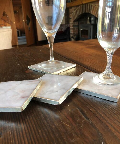 White Crystal Quartz Premium Coasters Square Shape Silver Edge (Set of 4) Gift - Image 5