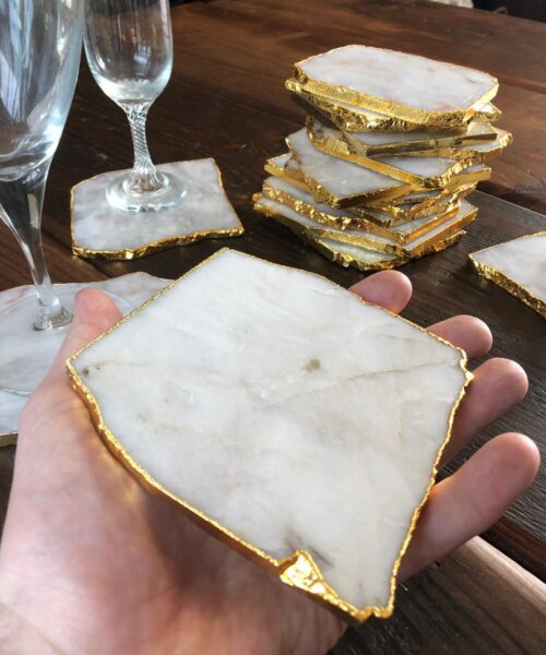 White Crystal Quartz Premium Coasters Natural Shape Gold Edge (Set of 4) Gift - Image 5