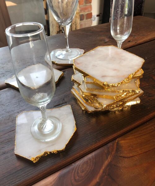 White Crystal Quartz Premium Coasters Natural Shape Gold Edge (Set of 4) Gift - Image 6