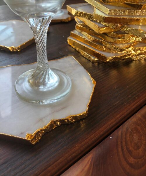White Crystal Quartz Premium Coasters Natural Shape Gold Edge (Set of 4) Gift - Image 7