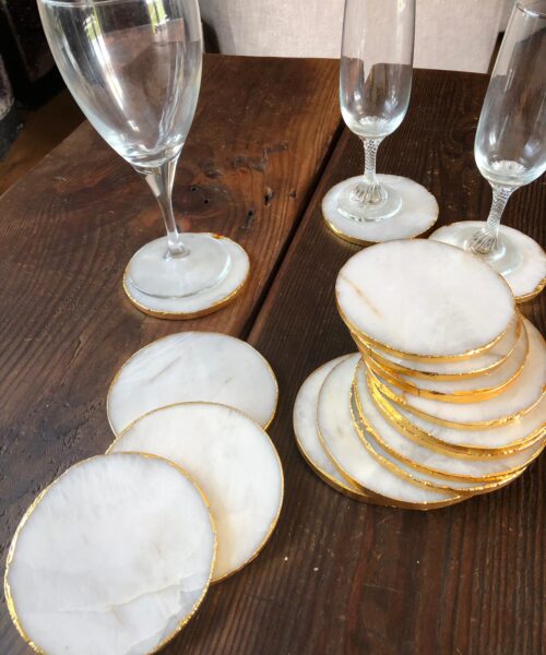 White Crystal Quartz Premium Coasters Circle Shape Gold Edge (Set of 4) Gift