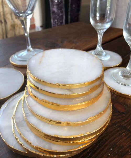 White Crystal Quartz Premium Coasters Circle Shape Gold Edge (Set of 4) Gift - Image 3