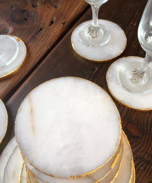 White Crystal Quartz Premium Coasters Circle Shape Gold Edge (Set of 4) Gift - Image 5