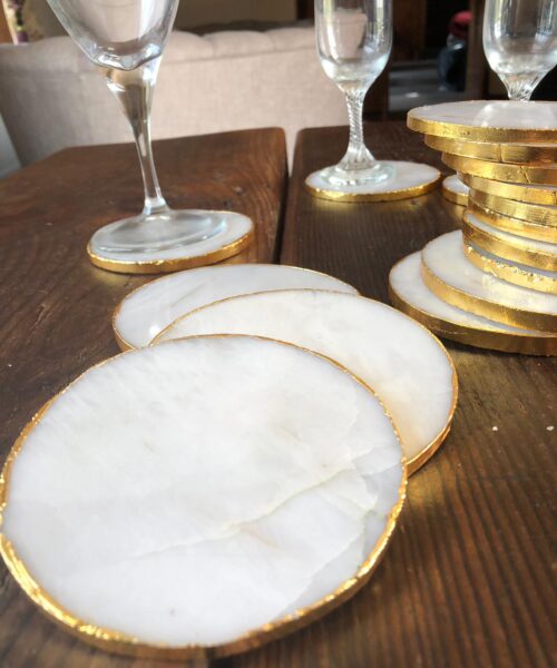White Crystal Quartz Premium Coasters Circle Shape Gold Edge (Set of 4) Gift - Image 6