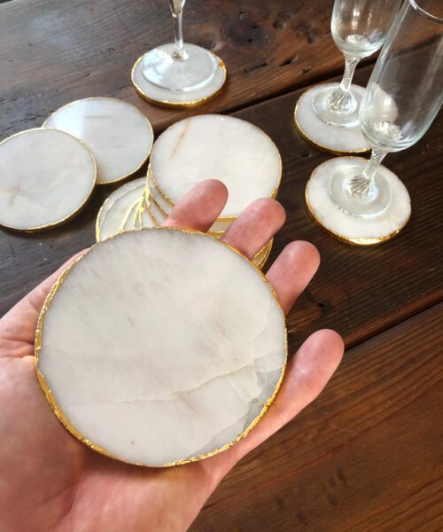 White Crystal Quartz Premium Coasters Circle Shape Gold Edge (Set of 4) Gift - Image 7