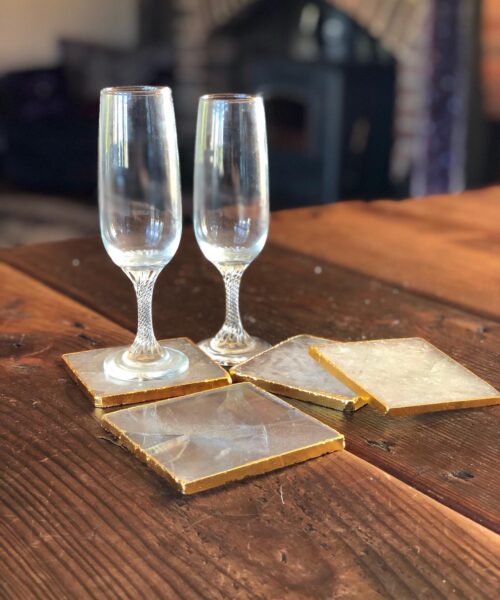 Clear Quartz Premium Coasters Square Shape Gold Gilded Edge (set of 4)