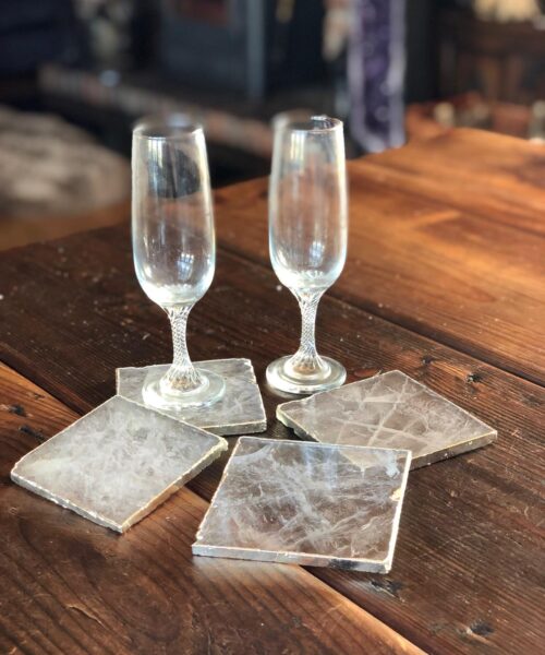 Clear Quartz Premium Coasters Square Shape Silver Gilded Edge (set of 4)