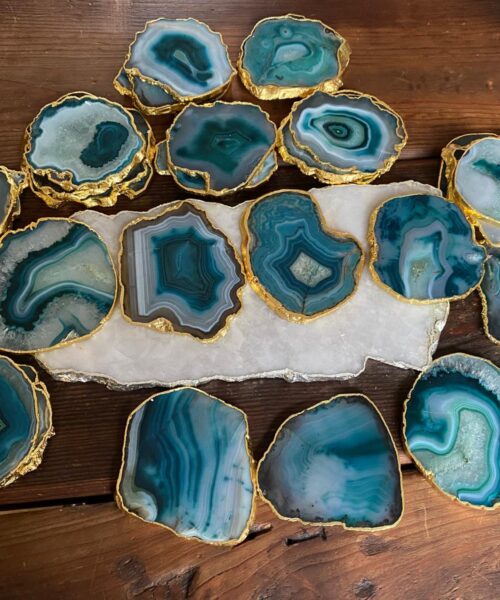 Green White Agate 24ct Gold Edge, Gilded, Microcrystalline Quartz Premium Coasters (Set of 4)