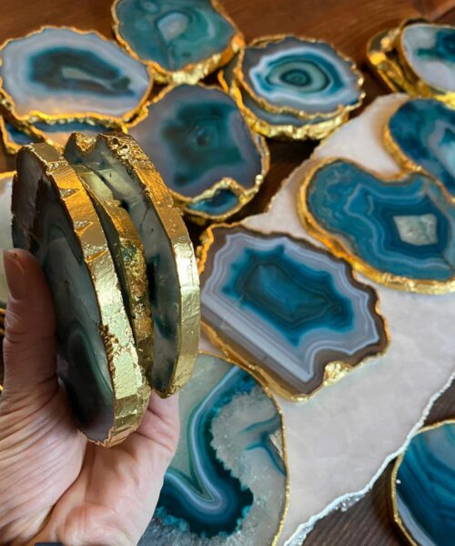 Green White Agate 24ct Gold Edge, Gilded, Microcrystalline Quartz Premium Coasters (Set of 4) - Image 9