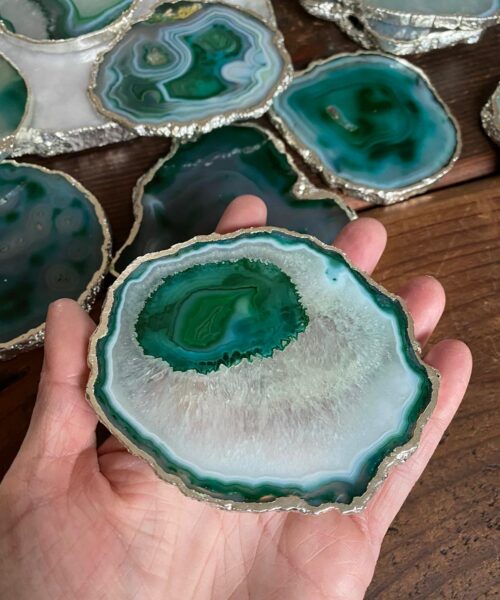 Green White Agate Silver Edge, Gilded, Microcrystalline Quartz Premium Coasters (Set of 4) - Image 4