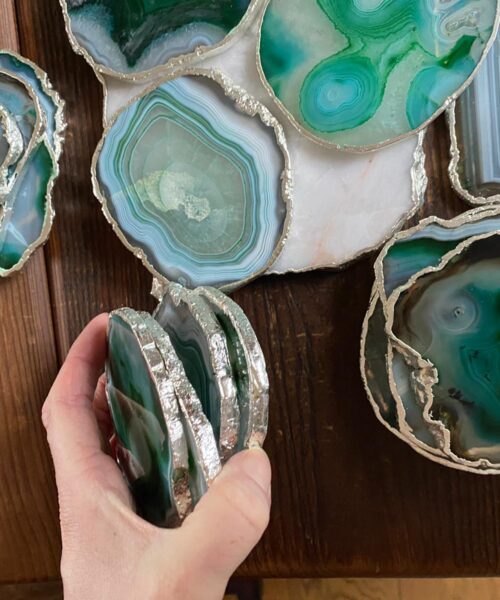 Green White Agate Silver Edge, Gilded, Microcrystalline Quartz Premium Coasters (Set of 4) - Image 6