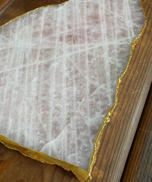 Large Premium Rose Quartz Natural Shape Gold Edge Platter 1 / Cheeseboard / Tray / Sign Board L29xW20xD1cm - 1110g - Image 8