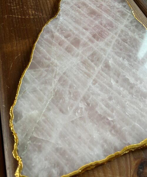 Large Premium Rose Quartz Natural Shape Gold Edge Platter 1 / Cheeseboard / Tray / Sign Board L29xW20xD1cm - 1110g - Image 9