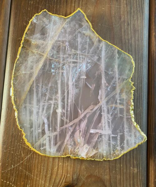 Large Premium Rose Quartz Natural Shape Gold Edge Platter 3 / Cheeseboard / Tray / Sign Board L23xW21xD1cm - 852g