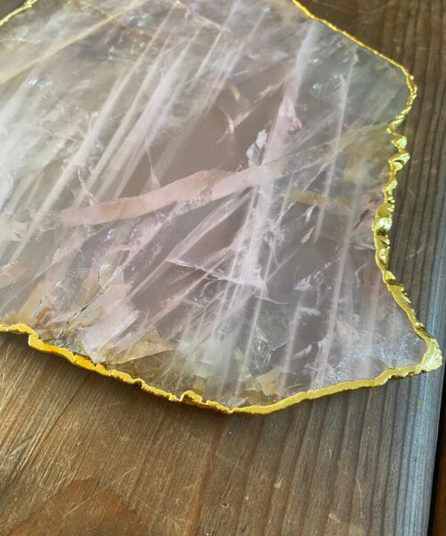 Large Premium Rose Quartz Natural Shape Gold Edge Platter 3 / Cheeseboard / Tray / Sign Board L23xW21xD1cm - 852g - Image 4