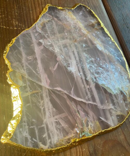 Large Premium Rose Quartz Natural Shape Gold Edge Platter 3 / Cheeseboard / Tray / Sign Board L23xW21xD1cm - 852g - Image 9