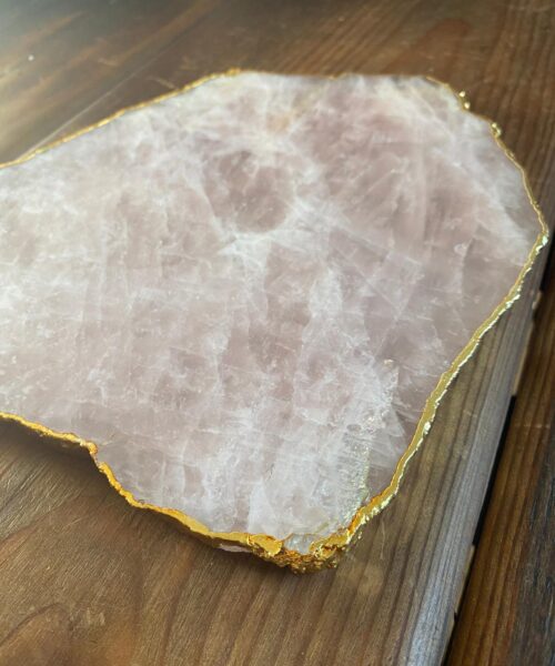 Large Premium Rose Quartz Natural Shape Gold Edge Platter 4 / Cheeseboard / Tray / Sign Board L25xW21xD1cm - 979g - Image 4