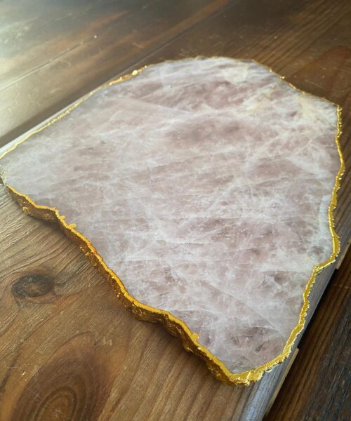 Large Premium Rose Quartz Natural Shape Gold Edge Platter 4 / Cheeseboard / Tray / Sign Board L25xW21xD1cm - 979g - Image 9