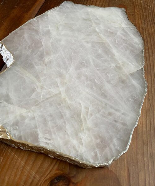 Large Premium Rose Quartz Natural Shape Silver Edge Platter 2 / Cheeseboard / Tray / Sign Board L29xW21xD1cm - 1417g - Image 4