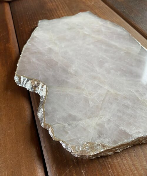Large Premium Rose Quartz Natural Shape Silver Edge Platter 2 / Cheeseboard / Tray / Sign Board L29xW21xD1cm - 1417g - Image 5