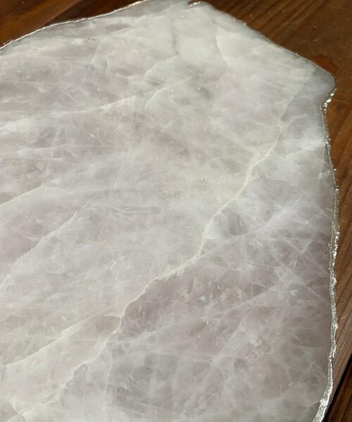 Large Premium Rose Quartz Natural Shape Silver Edge Platter 2 / Cheeseboard / Tray / Sign Board L29xW21xD1cm - 1417g - Image 9
