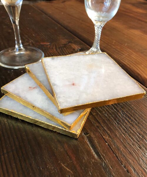 White Crystal Quartz Premium Coasters Square Shape Gold Edge (Set of 4) Gift - Image 4