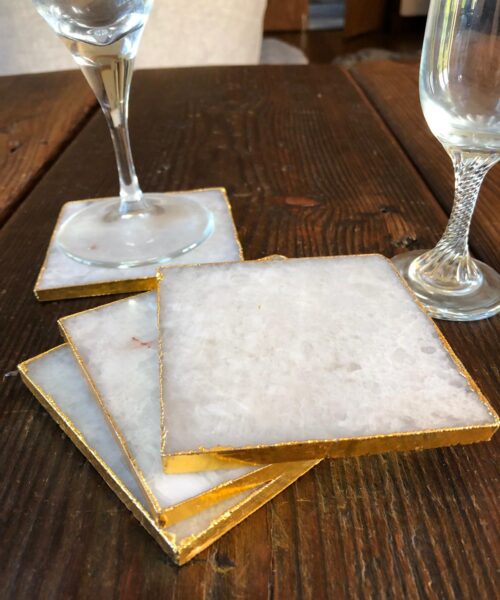 White Crystal Quartz Premium Coasters Square Shape Gold Edge (Set of 4) Gift