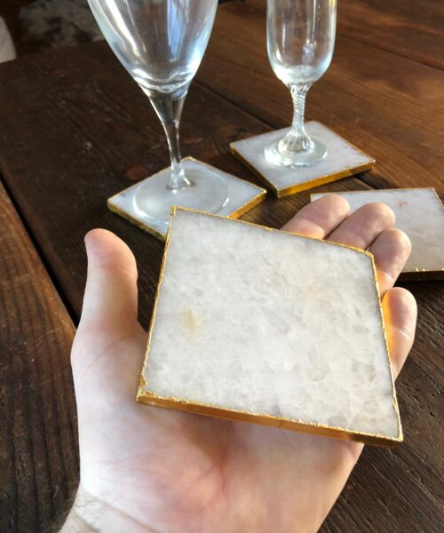 White Crystal Quartz Premium Coasters Square Shape Gold Edge (Set of 4) Gift - Image 6