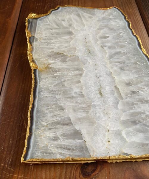 Large Premium White Agate Natural Shape 24ct Gold Edge Platter 1 / Cheeseboard / Tray / Sign Board L27xW18xD1cm – 1351g - Image 7