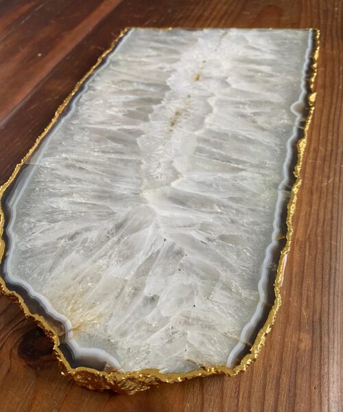 Large Premium White Agate Natural Shape 24ct Gold Edge Platter 4 / Cheeseboard / Tray / Sign Board L29xW15xD1cm – 1196g - Image 3