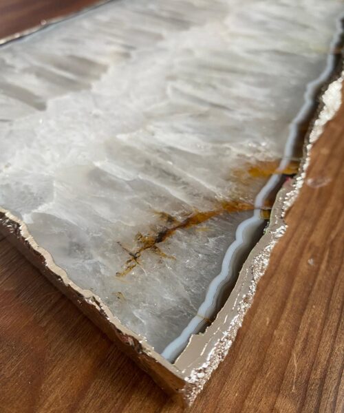 Large Premium White Agate Natural Shape Silver Edge Platter 1 / Cheeseboard / Tray / Sign Board L29xW16xD1cm – 1279g - Image 4