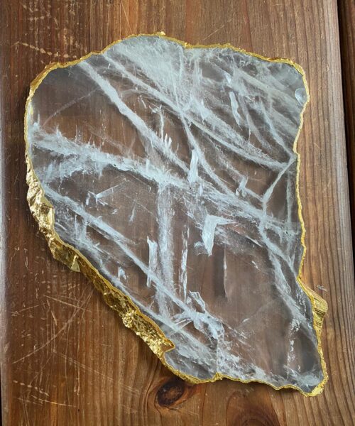 Large Premium Clear Quartz Natural Shape Gold Edge Platter 1 / Cheeseboard / Tray / Sign Board L26xW19xD1cm - 898g